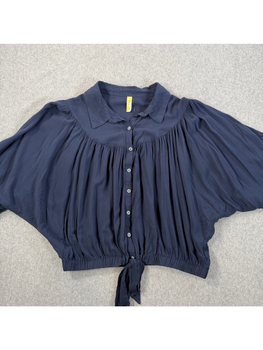 Free People Womens Small Blue Dolman Sleeve Tie Front Button Up Crop Top Pleats